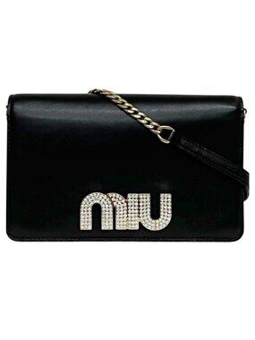 Miu Miu Miuchain Wallet on Chain Shoulder Bag Miu Miu Leather Rhinestone Nero